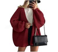 Jersey de punto grueso de gran tamaño para mujer con frente abierto, otoño 2025, suéter largo de punto ligero con mangas de farol y frente abierto, rojo vino, XL