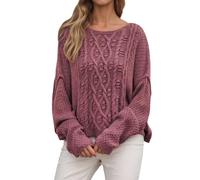 Jersey de punto grueso para mujer con patrón de trenzas y agujeros - Jersey informal de manga ancha | Cómodo suéter de punto para otoño, Style_a05 Rojo, L