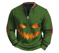 Jersey de punto para hombre con parche en el codo Jack-O'-Lantern, sudadera con cabeza de calabaza, sudadera sin capucha, media cremallera, temática de festival, suéter de manga larga, ropa de punto