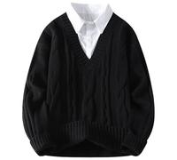 Jersey de punto para hombre, uniforme escolar, suéter con cuello en V, manga larga, botón hacia abajo, suéter informal, estilo variado, cuello de camisa, informal, 2 en 1, suéter de invierno bien