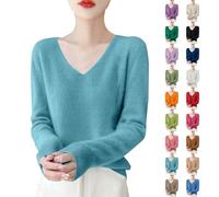 Jersey de punto para mujer, cuello en V, manga larga, jersey de punto suave, parte superior, elegante, informal, túnica, monocolor, punto fino, jersey de punto fino, azul oscuro, S