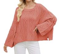 Jersey de punto para mujer, cuello redondo, informal, suelto, manga larga, cable de punto, parte superior, cálido invierno, Rojo sandía, S