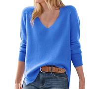 Jersey de Punto Para Mujer, Manga Larga, Cuello en V y Alto, Lana de Merino, Fino de Invierno, Monocolor, Suave, Azul, XL