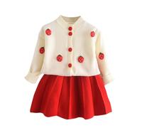 Jersey de punto para niña, otoño/invierno, estampado de fresa + falda de punto roja sólida, ropa de primavera, vestido para bebé (rojo, 3-4 años)