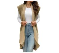Jersey de punto sin mangas de piel sintética de visón para mujer, con elegante cuello vuelto, piel sintética suave, ideal como chaqueta ligera de entretiempo para el día a día, caqui, L