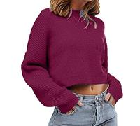 Jersey de punto térmico para mujer, cuello redondo, sudadera de manga larga, color liso, informal, suéter de punto grueso, para fiesta, disfraz de Navidad, regalos, hot pink, S