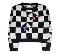 Jersey de Tricot, a Cuadros de Color Blanco y Negro, con Estrella y Detalles de Color Fucsia y Lila para niña. Colección K-Pop.