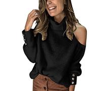 Jersey elegante para mujer, suelto, de moda, monocolor, manga larga, con botones, bufanda de hombro suave y cálida, parte superior brillante, pantalones de fiesta para mujer, Negro , XL