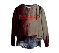 Jersey estampado de Halloween para mujer, cuello redondo, manga larga y corte fino, diseño de leopardo, Rojo sandía, XL