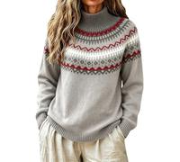 Jersey Fair Isle para mujer de manga larga de lana suave sudadera de punto acanalado chic tops cuello redondo casual suéter de gran tamaño suéteres mujeres otoño tendencia, Ceniza clara, L