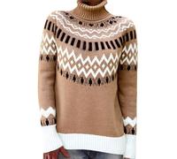 Jersey Fair Isle para mujer de manga larga de lana suave suéter de punto clásico con cuello redondo de corte informal de gran tamaño suéter en otoño e invierno, caqui, 4X-Large