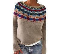 Jersey Fairisle para mujer, casual, holgado, manga larga, cuello redondo, retro, jacquard, suéteres de lana suave y cálida, suéter de invierno para mujer, suéter de punto nórdico, vintage, elegante