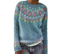 Jersey Fairisle para mujer, suéter de punto para otoño e invierno, estampado de islas, suéter jacquard, ajuste holgado, cuello redondo, sudaderas de manga larga vintage, suéteres de Navidad para mujer