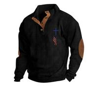 Jersey Henley acanalado para hombre, suéter negro con botones de un cuarto, sudadera de punto con cuello alto con parches en los codos y detalle bordado en el pecho para paseos de otoño en pub y fin
