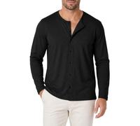 Jersey Henley de punto de manga larga sin cuello con botones completos para hombre, tela texturizada suave, silueta relajada, diario, calle, ocio, minimalista, casual, Negro, XL