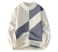 Jersey Hombre Invierno Gordo - Suéter de Punto con Cuello Redondo y Rayas para, Suave, cálido, de Invierno, con Bloques de Color (White, XXXL)