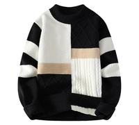 Jersey Hombre Invierno Gordo - Suéter de Punto con Cuello Redondo y Rayas para, Suave, cálido, de Invierno, con Bloques de Color (Black, XXXL)