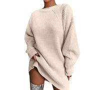 Jersey largo para mujer, elegante, vestido de jersey de cuello redondo, color sólido, talla grande, suéteres casuales de manga larga, holgados, para invierno, ropa de punto cálida, beige, L