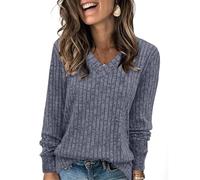 Jersey Mujer Invierno Basicas Camisetas Manga Larga Mujer Algodon Elegante Sueter Cuello V Primavera Punto Blusa Camiseta Interior Otoño Casual Tallas Grandes Top Sweater Marina de Guerra XL