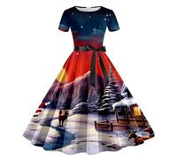 Jersey Mujer Navidad Largo,Vestido De Noche AñOs 50 para Mujer con Estampado NavideñO Manga Corta Y DiseñO Casual De Ama De Casa Elegante Y CóModo para