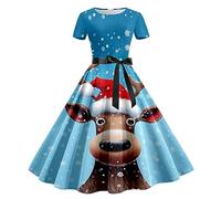 Jersey Mujer Navidad Largo,Vestido De Noche AñOs 50 para Mujer con Estampado NavideñO Manga Corta Y DiseñO Casual De Ama De Casa Elegante Y CóModo para