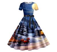 Jersey Mujer Navidad Largo,Vestido De Noche AñOs 50 para Mujer con Estampado NavideñO Manga Corta Y DiseñO Casual De Ama De Casa Elegante Y CóModo para