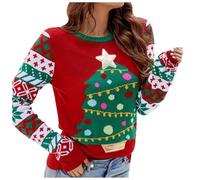 Jersey NavideñAs Mujer-Jersey De Punto De Navidad SuéTer De Punto con Cuello Redondo Y Letras De Dibujos Animados De áRbol De Navidad Bordado Informal para Mujer (Green, XXL)