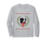 Jersey navideño de Border Collie Manga Larga, Unisex para Adultos, Gris Jaspeado, M