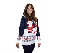Jersey Navideño para Mujer, Hombre y Niños Azul Papá Noel y Reno Rudolph