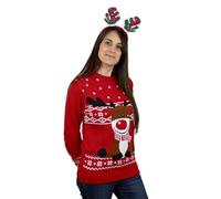 Jersey Navideño para Mujer, Hombre y Niños Rojo Reno Rudolph Bufanda