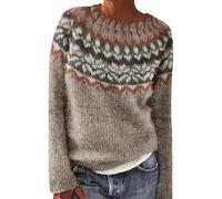 Jersey Noruego Mujer Invierno Cálido Elegante Y Elegante Jersey De Punto Cuello Redondo Manga Larga Sudadera Vintage Con Patrón Altos Oversize Amplio Básico Ropa Mujer Otoño Invierno, caqui, XXL