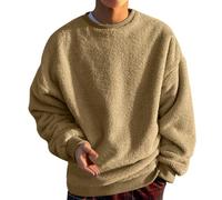 Jersey para hombre Fuzzy con cuello redondo, manga larga, deportivo, color sólido, blusa, caqui, XL
