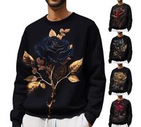 Jersey para hombre moderno estampado de rosas románticas con estampado 3D, suéter de manga larga, cálido y suave, sudadera clásica de otoño para exteriores, cuello redondo, uniforme de trabajo, gris