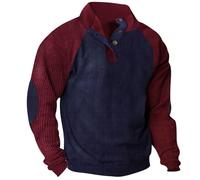 Jersey para hombre vintage de pana con bloque de color, patchwork, con botones, sin capucha, corte ajustado, cuello alto, camiseta de manga larga, ligera, deportiva, cómoda, informal, sudadera, Vino