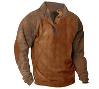 Jersey para hombre vintage de pana con bloque de color, patchwork, con botones, sin capucha, corte ajustado, cuello alto, camiseta de manga larga, ligera, deportiva, cómoda, informal, sudadera, marrón