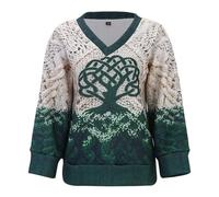 Jersey para mujer con diseño de árbol de la vida celta, cuello en V, aspecto de punto 3D con diseño de Yggdrasil, camiseta vikinga informal y mística, Estilo N01 Verde, L