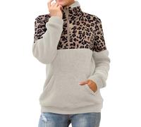 Jersey para mujer con estampado de leopardo, chaqueta de forro polar de peluche para mujer, cremallera 1/4, sudadera de forro polar, cuello cálido, informal, de forro polar suave, Blanco, M