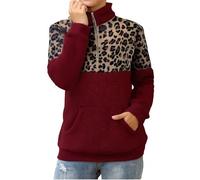 Jersey para mujer con estampado de leopardo, chaqueta de forro polar de peluche para mujer, cremallera 1/4, sudadera de forro polar, cuello cálido, informal, de forro polar suave, Vino, XXL