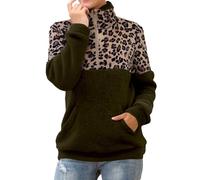 Jersey para mujer con estampado de leopardo, chaqueta de forro polar de peluche para mujer, cremallera 1/4, sudadera de forro polar, cuello cálido, informal, de forro polar suave, verde, XL
