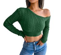 Jersey para mujer Crop Slim Fit Basic Tops Túnica Invierno Mujer Manga Larga Moda Dough Off Shoulder Jersey de Punto Negro Suéter Mujer Mujer Manga Larga Hombro Descubierto Jumper, verde, S