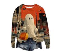 Jersey para mujer, Halloween, fantasma, estampado, parte superior, manga larga, camiseta festiva, carnaval, fiesta, Halloween, disfraz de algodón suave, blusas de manga larga, cuello redondo, sudadera