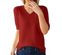Jersey para mujer, manga corta, imitación de cachemira, elegante, para primavera, verano, sudadera, suave, cuello en V, punto básico, blusa de punto de color sólido, suéter de ocio, rojo, XXL