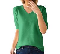 Jersey para mujer, manga corta, imitación de cachemira, elegante, para primavera, verano, sudadera, suave, cuello en V, punto básico, blusa de punto de color sólido, suéter de ocio, verde, XXL