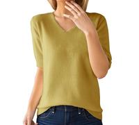 Jersey para mujer, manga corta, imitación de cachemira, elegante, para primavera, verano, sudadera, suave, cuello en V, punto básico, blusa de punto de color sólido, suéter de ocio, amarillo, XXL