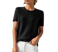 Jersey para mujer, manga corta, imitación de cachemira, elegante, para primavera, verano, sudadera, suave, cuello en V, punto básico, blusa de punto de color sólido, suéter de ocio, C1 negro., S