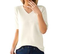 Jersey para mujer, manga corta, imitación de cachemira, elegante, para primavera, verano, sudadera, suave, cuello en V, punto básico, blusa de punto de color sólido, suéter de ocio, Blanco, M