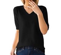Jersey para mujer, manga corta, imitación de cachemira, elegante, para primavera, verano, sudadera, suave, cuello en V, punto básico, blusa de punto de color sólido, suéter de ocio, Negro , XL