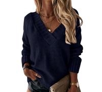 Jersey Punto Mujer Manga Larga Jersey Mujer Otoño 2025 Color Liso Sweaters Cuello en V Único Exquisito Tops En Interiores Marina de Guerra L