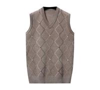 Jersey sin mangas para hombre, talla grande, cuello en V, punto casual, chic a cuadros con diamantes, chaleco delgado, cómodo, versátil, de temperamento clásico, suave, básico, suéter 2025, caqui
