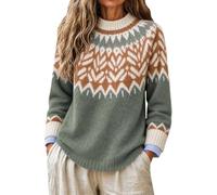 Jersey vintage Fair Isle de punto para mujer de manga larga de lana suave cálida y de punto clásico, alto cuello redondo, informal, suéter de gran tamaño, suéter para mujer otoño-invierno, verde